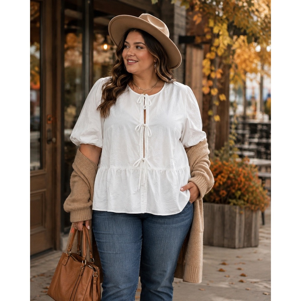 Torrid Size 1X White Cotton Tie Front Peplum Blouse Puff Sleeve Romantic